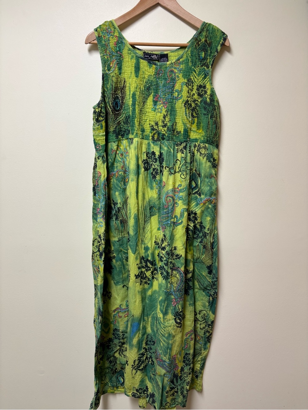 Vintage Jane Ashley Cotton Bright Green Smocked Peacock Feather Boho Dress - XL